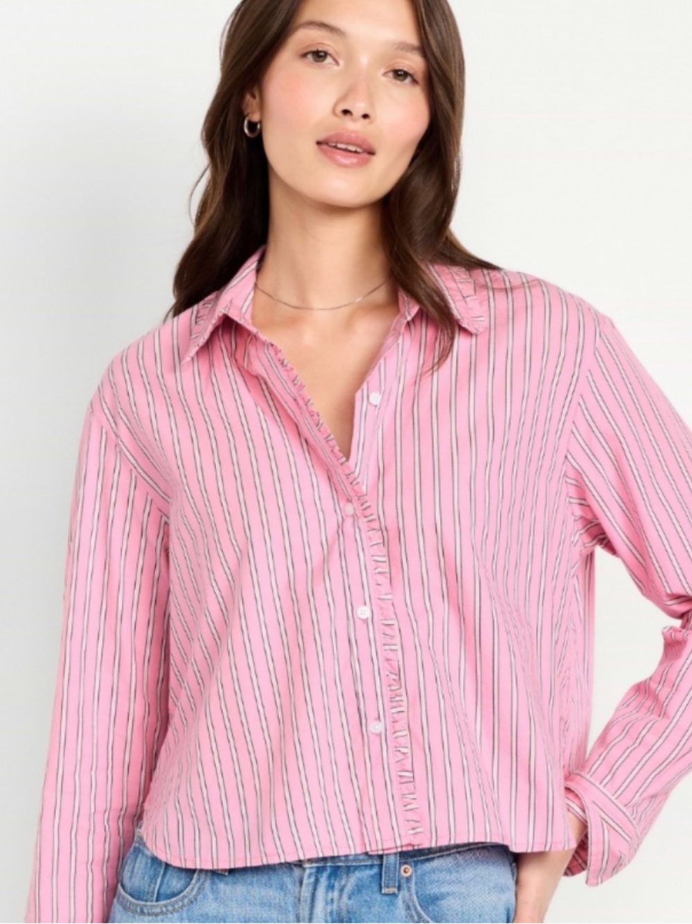Old Navy | Pink & White Stripe Ruffle Button Down Shirt Preppy Medium Tall